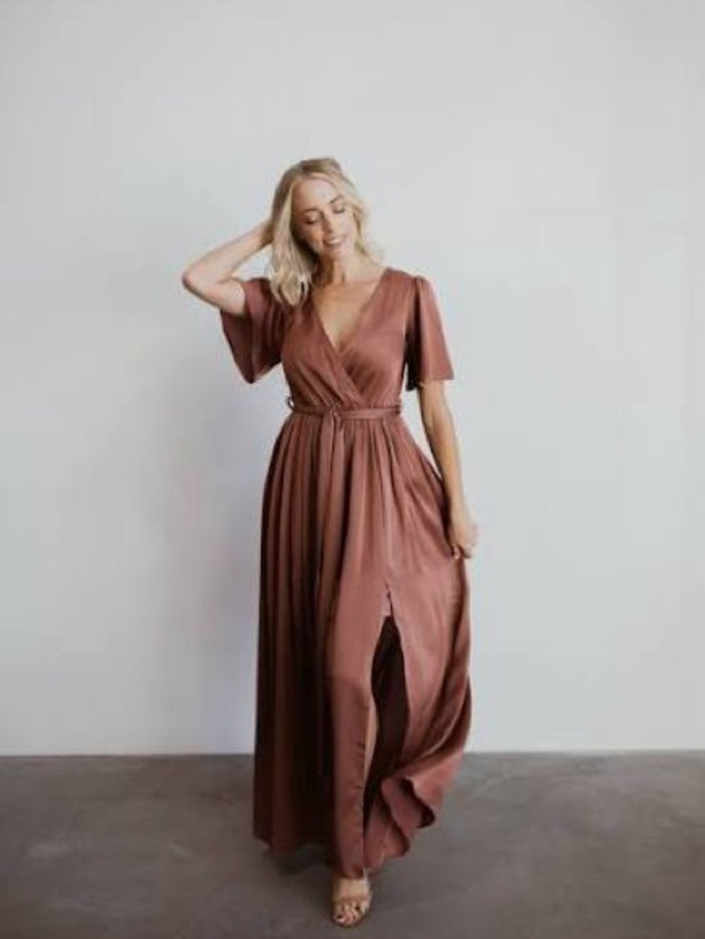 Baltic Born Sicily Short Sleeve Maxi Dress Satin Front Slits Rosy Brown XXL